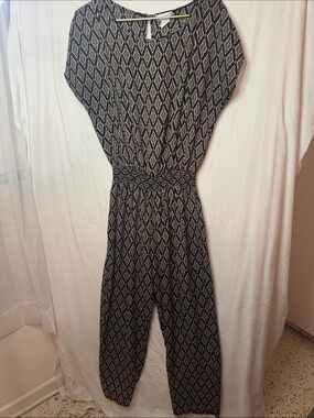 Vintage 1X Diamond-Print Black Jumpsuit with Cinched Waist